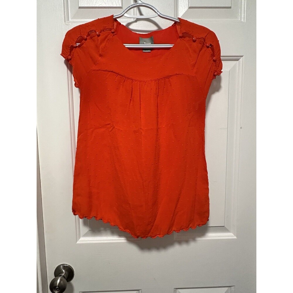 Anthropologie Maeve Women's Orange Blouse XS 0 Swiss Dot Beaded Sleeve Top Sheer